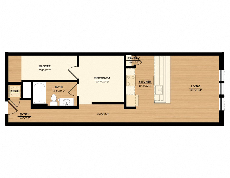 Floor plan for 1 bed, 1 bath, 779 sqft